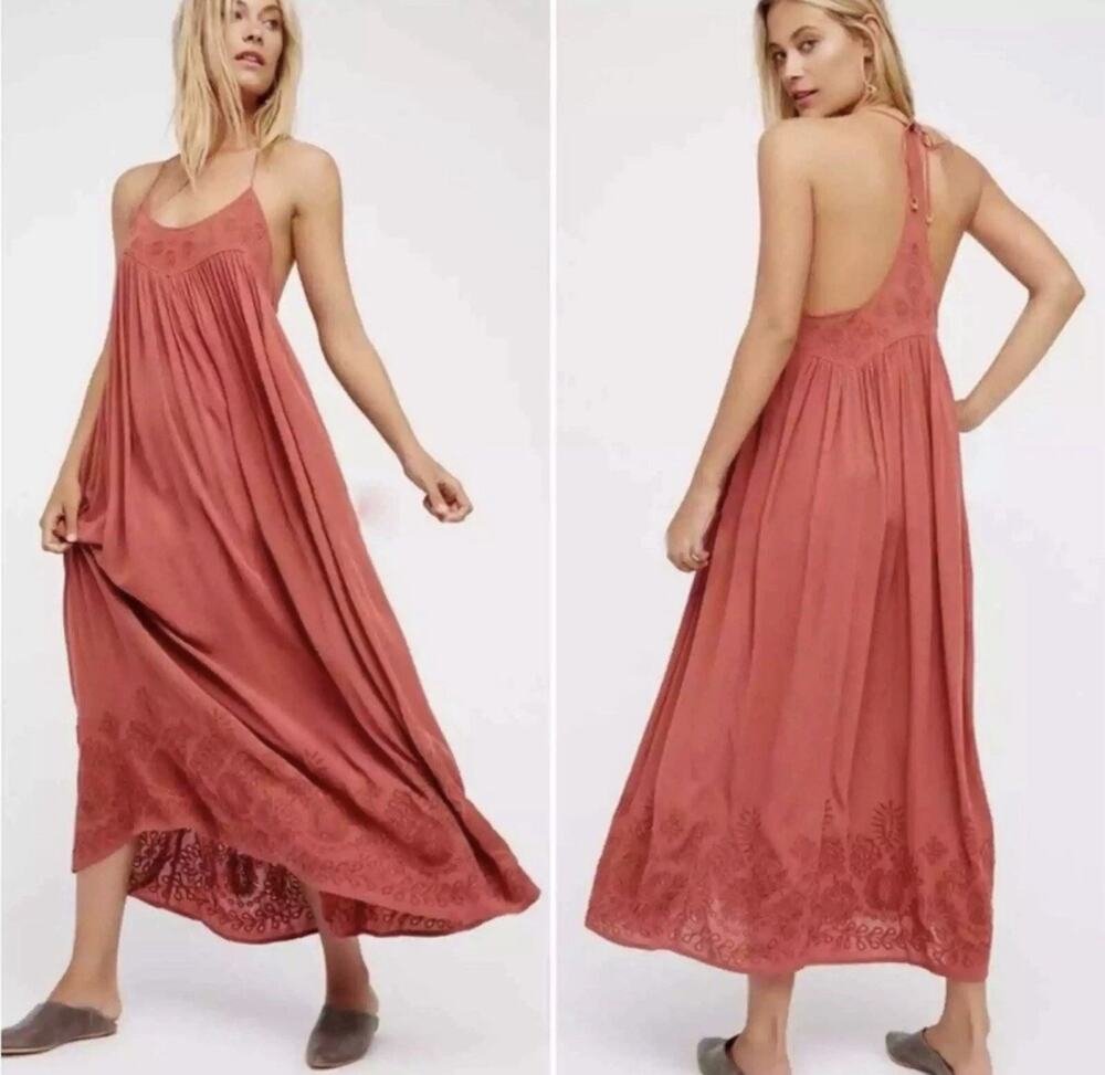 Free People Intimately Elaine Embroidered Maxi Dress Size Medium Boho Lagenlook